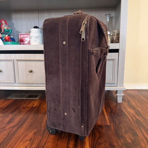 VTG Y2K ROXY Brown Corduroy Rolling Suitcase With Buckle Detail Zippers & Retrac - Picture 2 of 9